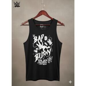 Bad Bunny WWE San Juan Authentic Women’s Black Graphic 2 Sided Tank Top S
